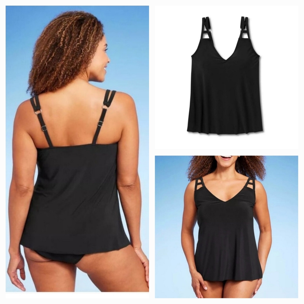Aqua Green Cut Out Strap Black Swimsuit Tankini Top- Plus Size - trend
